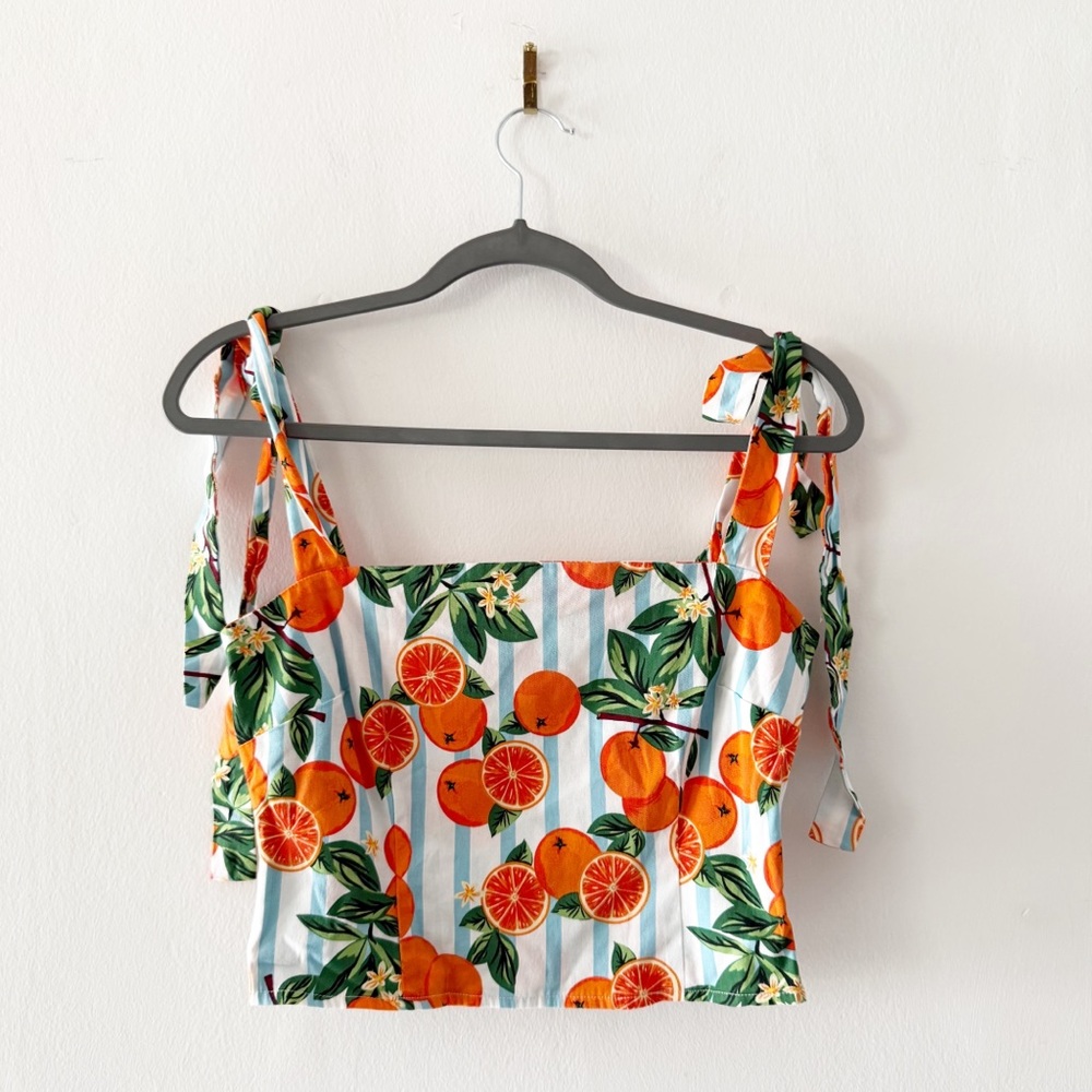 Modcloth x Collectif Ylenia Blue Striped Orange Fruit Print Crop Top Size US 6